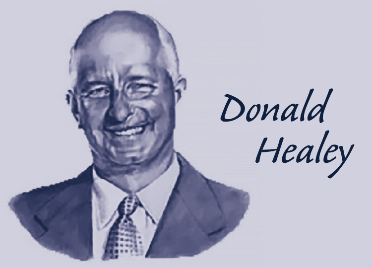 Porträtzeichnung Donald Healey mit Namenszug